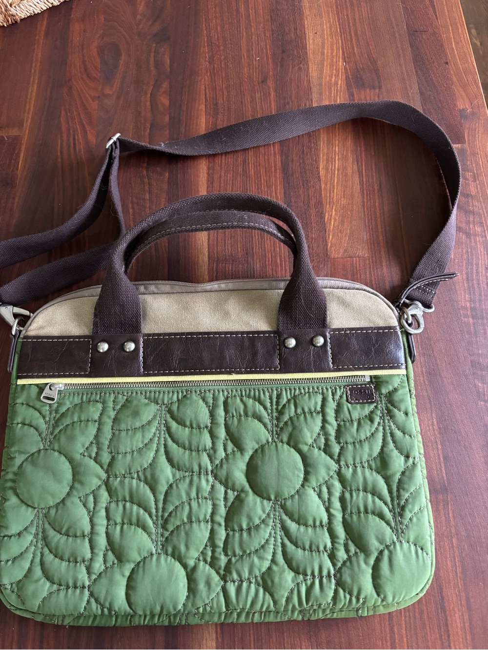 Fossil Key-per Quilted Green Floral Laptop/messenger Bag with Brown Straps